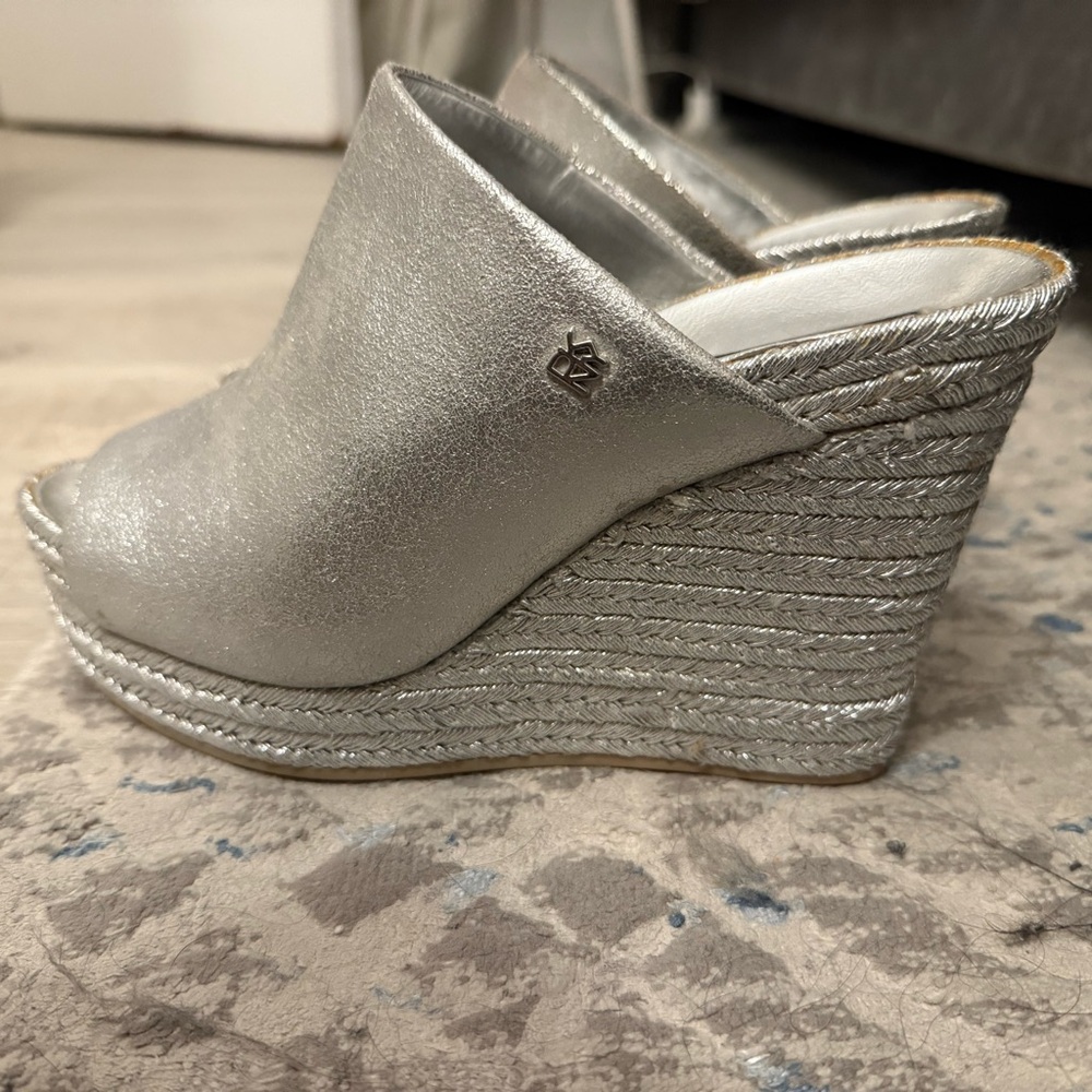 Donna Karan Metallic Silver Wedge Mules